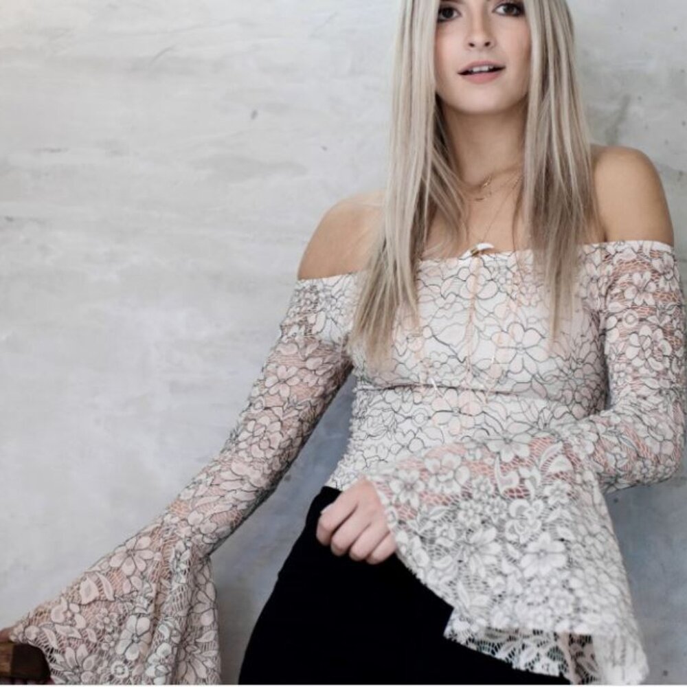 Anthropologie Off‑Shoulder White Lace Bell‑Sleeve Bodysuit